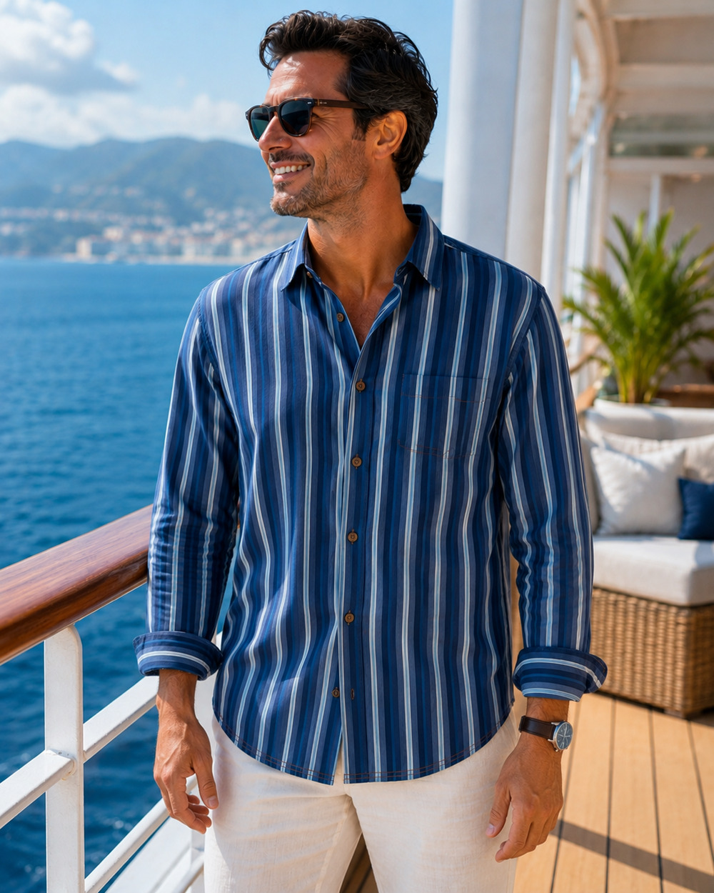 Tommy Bahama Silk Wool Blend Blue Stripe Button Shirt Men's M Embroidered